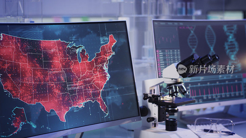 未来实验室。美国地图上的病毒。扫描DNA突变