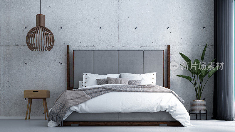 现代热带卧室室内设计和混凝土纹理墙背景