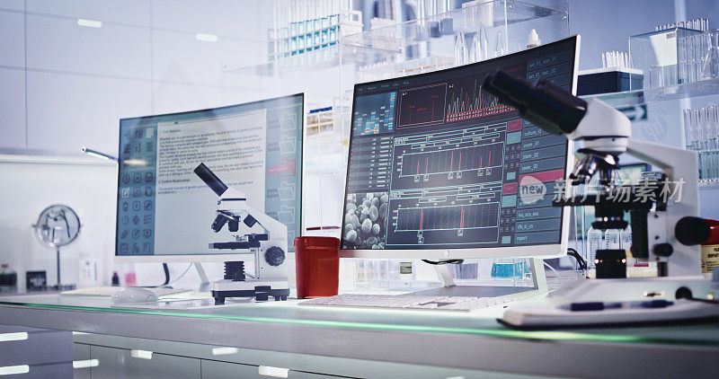 未来的实验室设备。电脑屏幕上的DNA研究