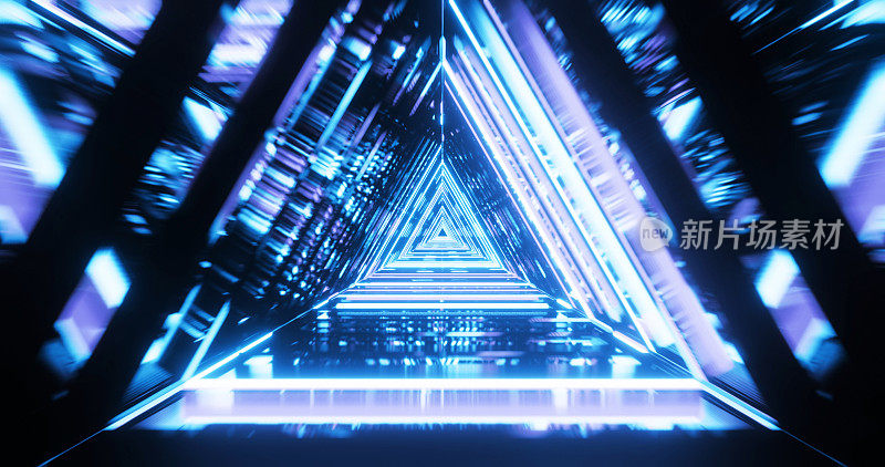抽象的未来主义三角形走廊，荧光紫外线，彩色激光霓虹线，几何无尽的隧道，蓝色光谱，3d插图