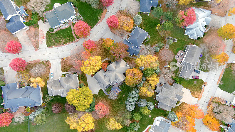 美丽的社区在秋天的颜色，鸟瞰图。
