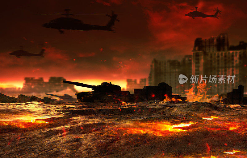 燃烧的战场与坦克和直升机飞行的3d渲染图。