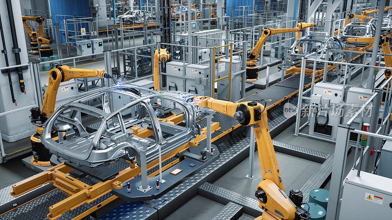 汽车工厂3D概念:自动化机器人手臂装配线制造先进的高科技绿色能源电动汽车。建筑，建筑，焊接工业生产输送机。