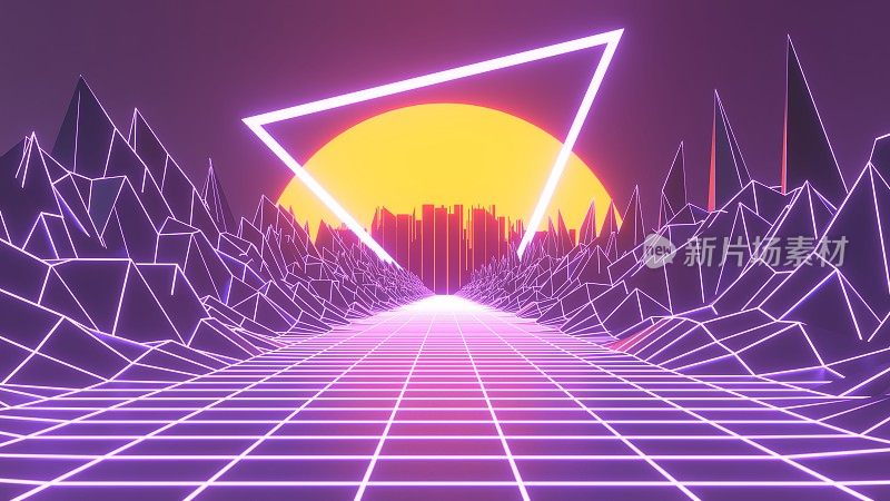 Synthwave城市景观前的日落。80年代复古未来主义的紫色。