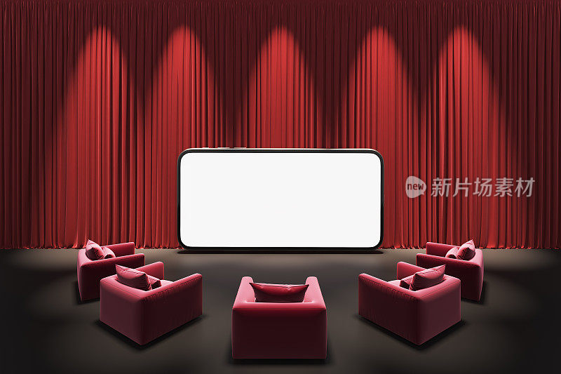 剧院舞台的幕布展示聚光灯。在红色沙发或扶手椅上用智能手机观看在线娱乐媒体电影。