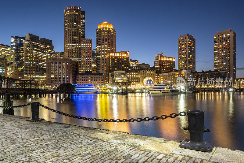 美国马萨诸塞州，日落时分的波士顿罗码头市中心天际线景观