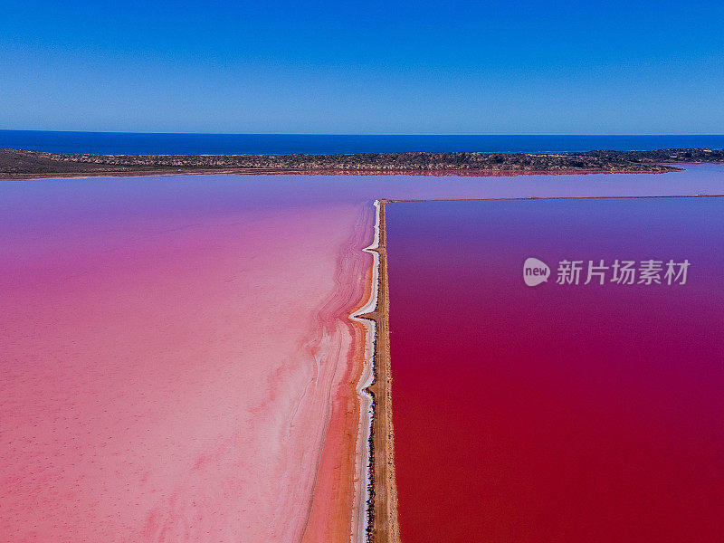 粉红色的湖和蓝色的海洋的鸟瞰图