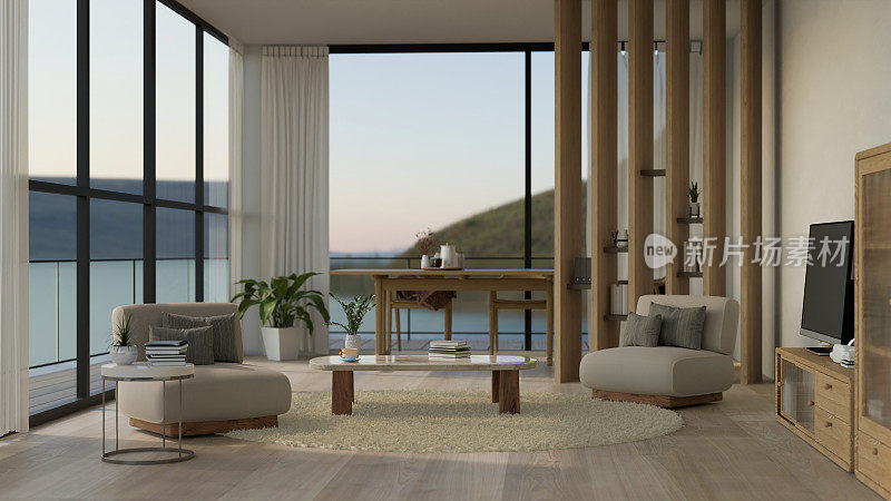 舒适的斯堪的纳维亚式客厅，带阳台和美丽的自然景观，舒适的沙发