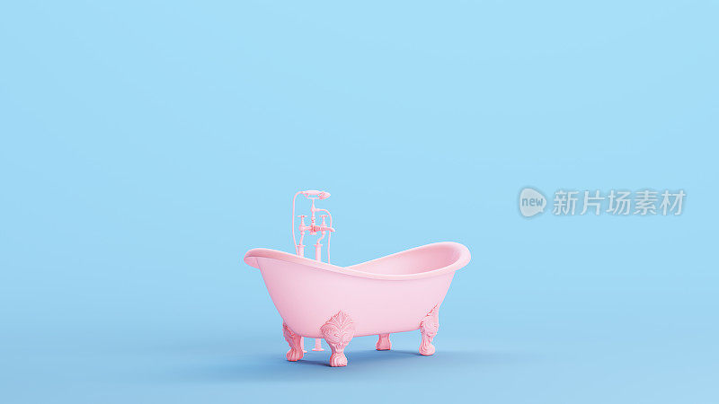 粉红色的浴缸可爱的浴缸水龙头淋浴头水龙头旧的复古陶瓷风格媚俗的蓝色背景四分之一视图