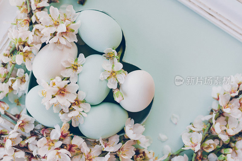色彩柔和的平躺蓝绿色复活节彩蛋在心形盒与杏仁花的树枝