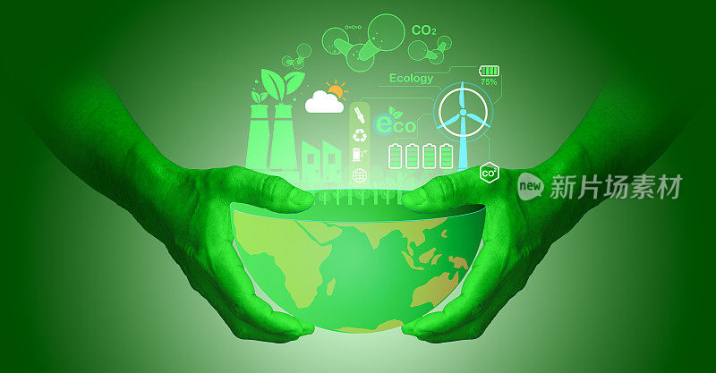 在净基础上，碳中和。NetZero标志——可再生能源、减少二氧化碳排放、绿色生产、垃圾回收——绿色的手代表污染和成功的管理。