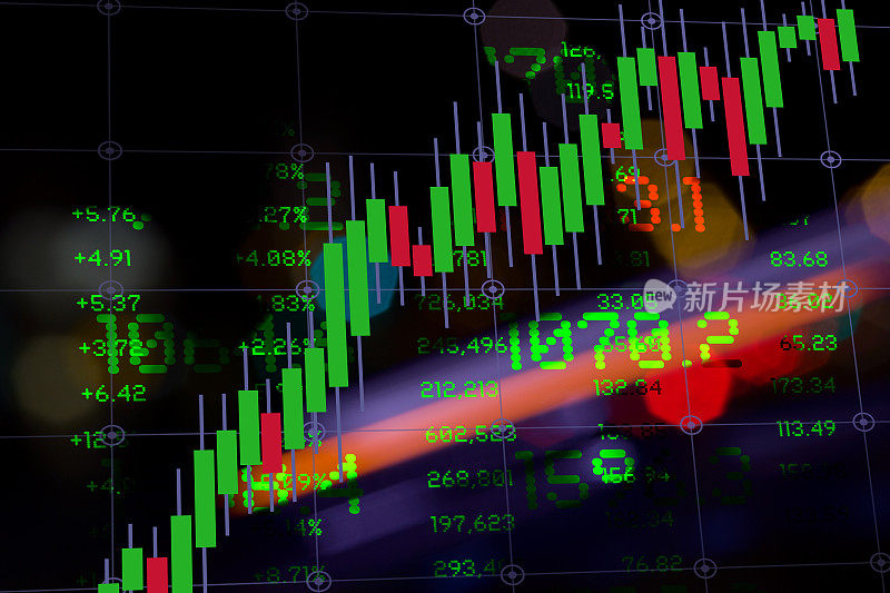 融资。Fintech。投资图表与数据在彩色背景与灯光。