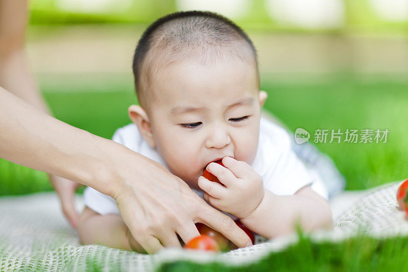 甜美的亚洲小男孩在草坪上吃水果