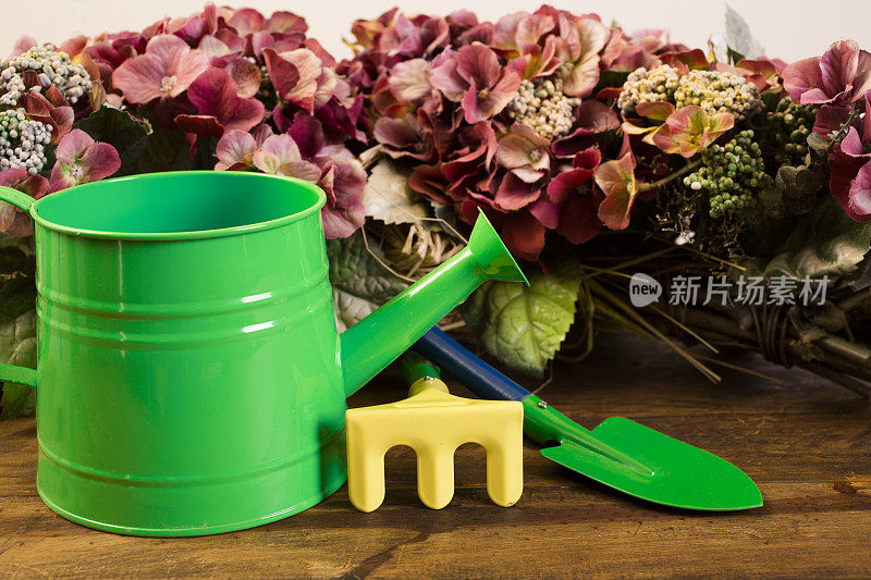 园艺工具。绿色和蓝色的铲子，泥铲，喷壶。花。