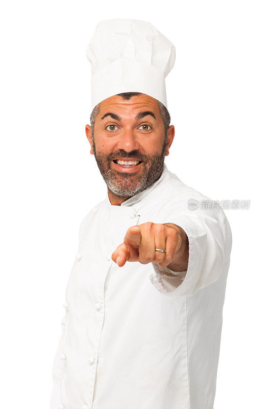 意大利男厨师指你，正面，白色背景