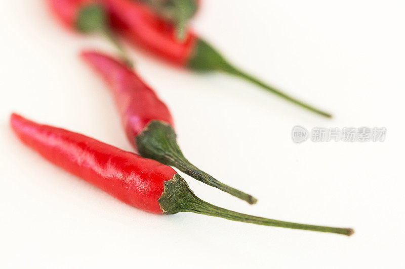 红辣椒，流行的香料概念-特写三美味多汁干净豆荚红辣椒孤立在白色背景，选择性焦点