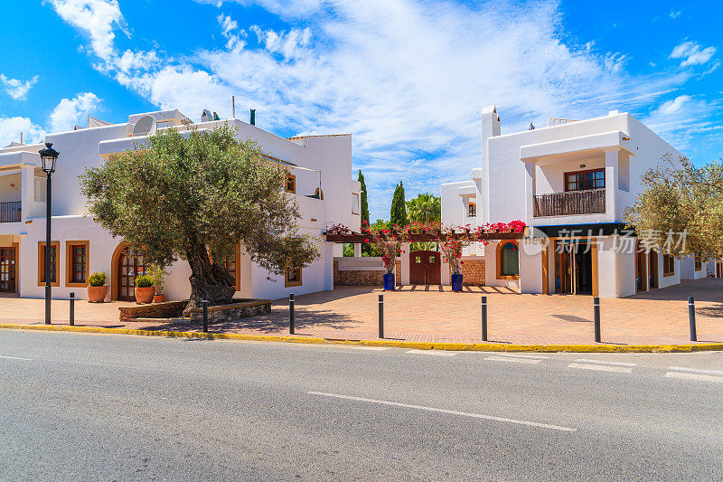 西班牙伊比沙岛，圣卡莱斯·佩拉尔塔村的典型建筑街道，白色房屋