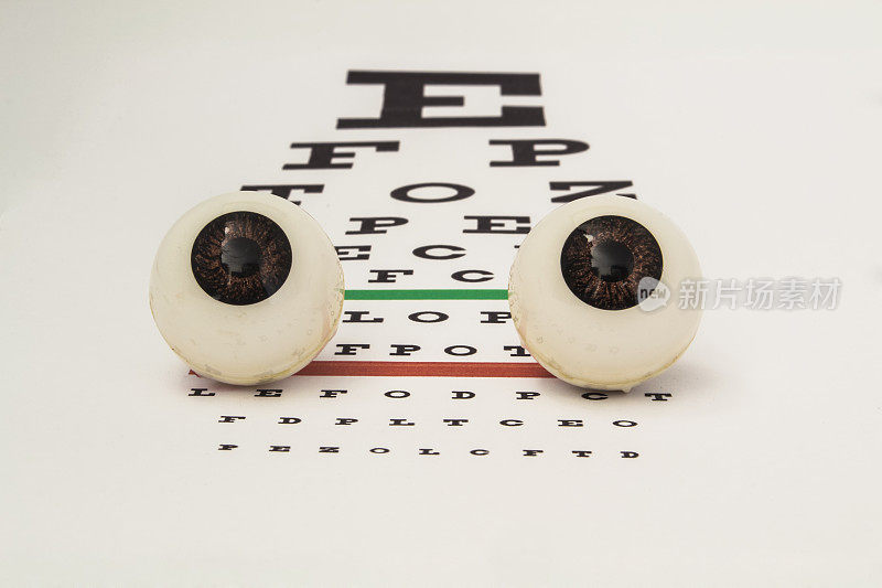 两颗人体眼球平放于测试台上，测试视力。眼科或眼科医生或验光师的工作说明