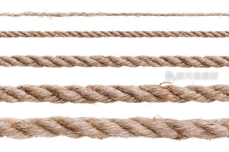 不同类型的绳子隔离在白色背景上