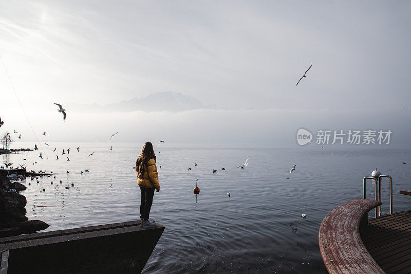 女人欣赏瑞士阿尔卑斯山，日内瓦湖和飞翔的鸟在蒙特勒