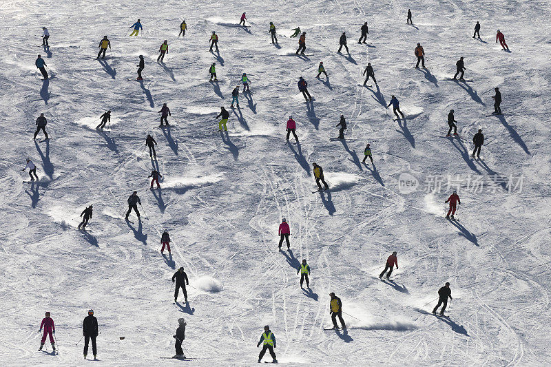 拥挤得无可救药的滑雪道——阿尔卑斯山的游客群