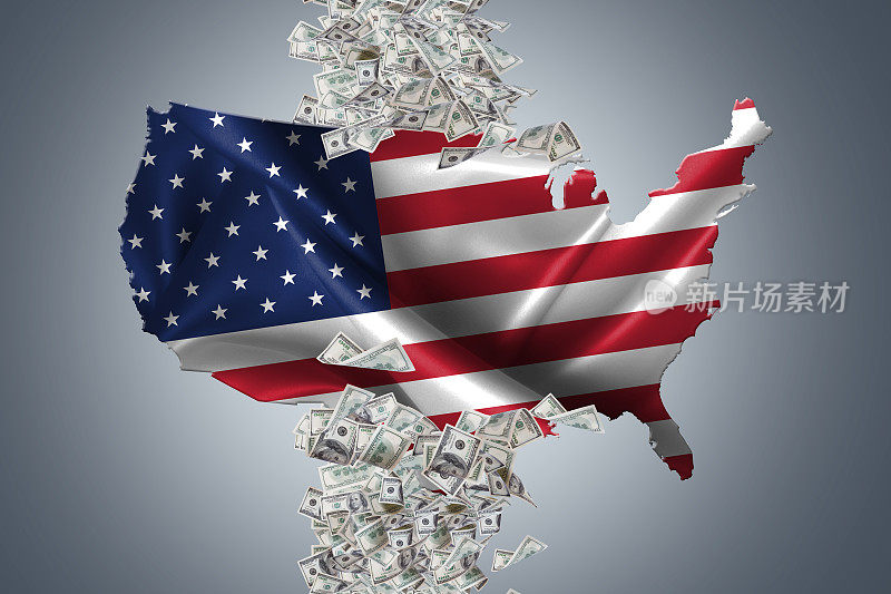 飘扬的旗帜美国地图和人群美元钞票飞扬