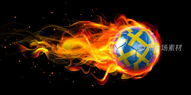 足球或足球与瑞典国旗着火的黑色背景