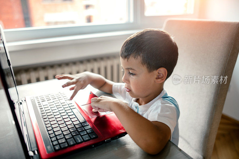 小男孩使用笔记本电脑