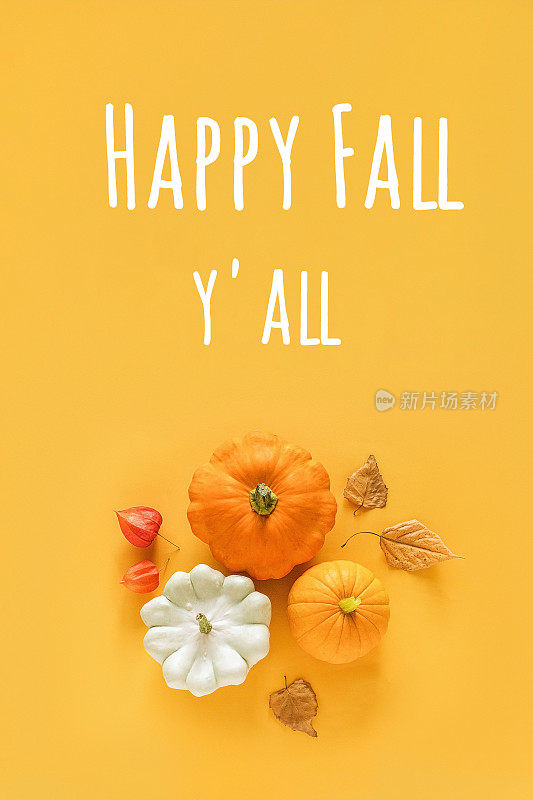 快乐的秋天，你们的文字和秋天的组成，从patpatson，南瓜，南瓜和黄叶植物标本馆在橙色的背景。概念你好秋天顶视图平躺