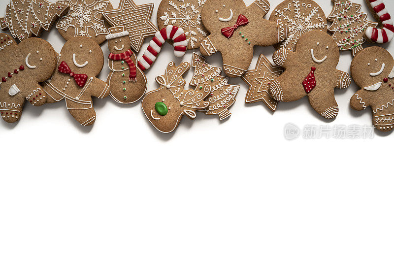 圣诞姜饼人饼干，雪人，星星，雪花，糖果手杖，驯鹿和冷杉