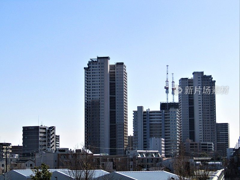 日本。二月的最后一天。柏川市的摩天大楼与湛蓝的天空形成对比。