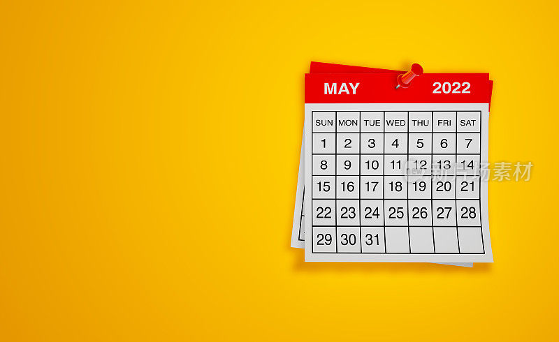 黄色背景的2022年5月日历