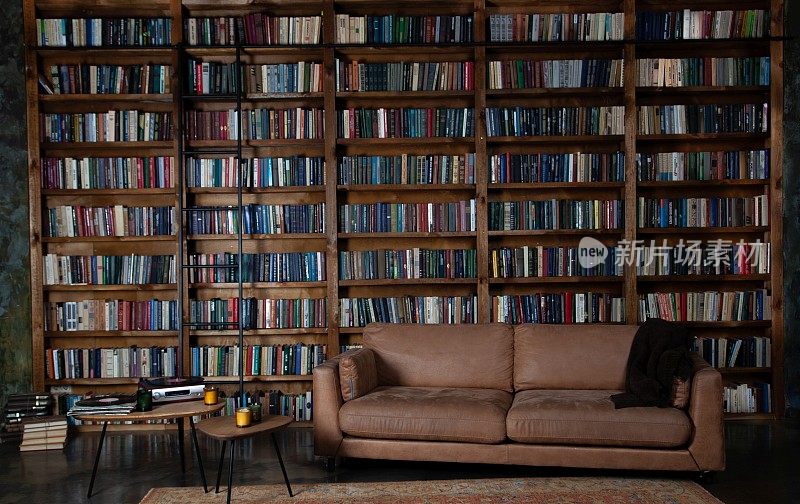 图书馆的书架。有很多书的大书柜。房间里的沙发用来看书。有书架的图书馆或商店。舒适的书的背景。书店的书店