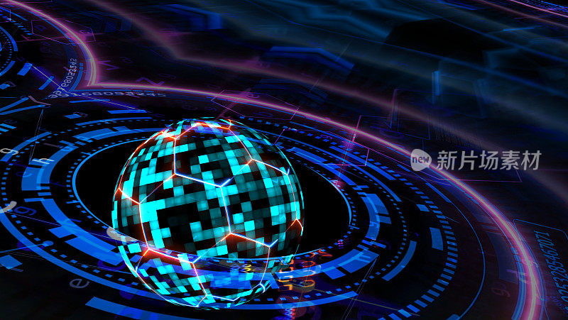 量子未来技术电脑与数字蓝色球体和六边形