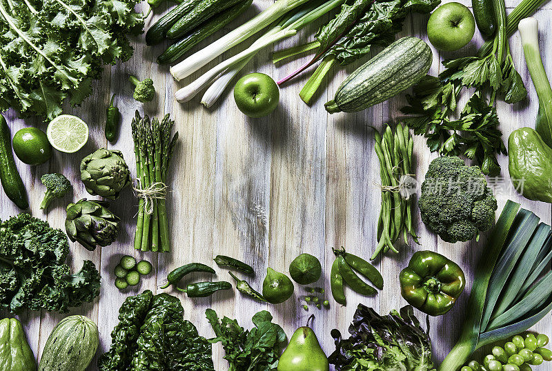 表顶视图背景变化绿色蔬菜排毒和碱性饮食。放在一张白色质朴的桌子上，有复印的空间