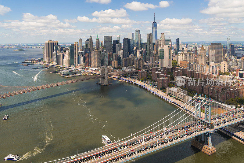 航拍曼哈顿下城全景。美国纽约市，东河上的布鲁克林和曼哈顿大桥。从直升机上鸟瞰大都市的城市景观。一个商业街区。