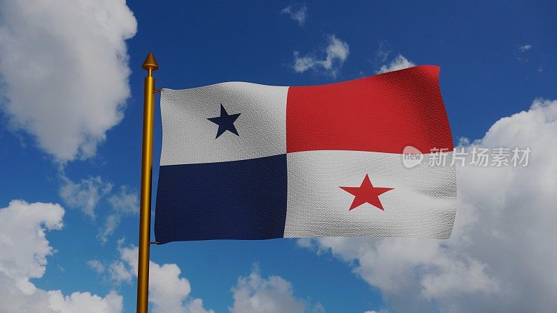 巴拿马国旗3D渲染的旗杆和蓝天，巴拿马共和国国旗纺织品或巴拿马国旗，巴拿马独立日，玛丽亚·德·拉·奥萨·德·阿莫多尔的纹章