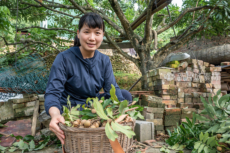 一位亚洲女农民捧着一篮龙眼，眼里充满了收获的喜悦