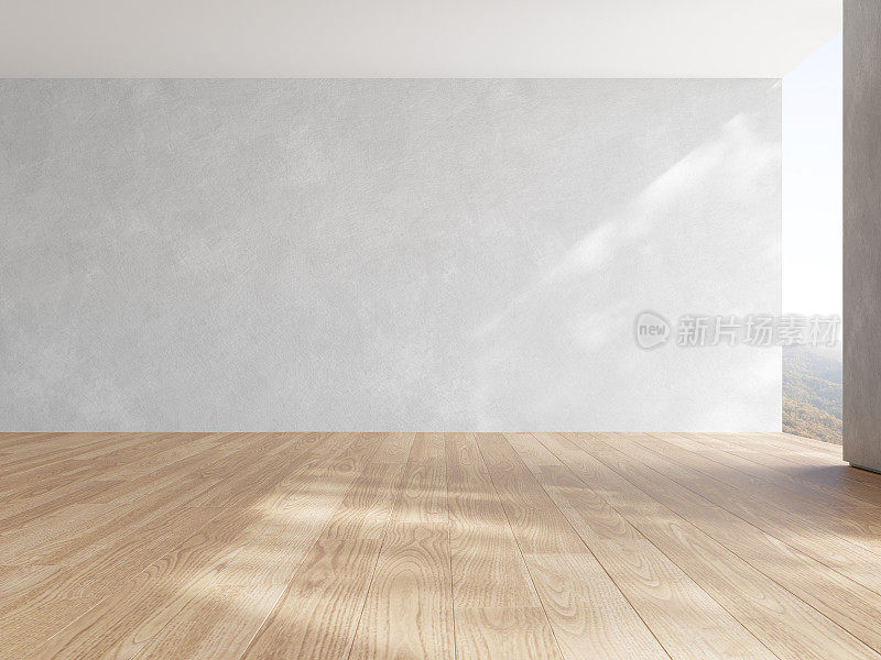 空房间的三维效果图，有木地板和混凝土墙