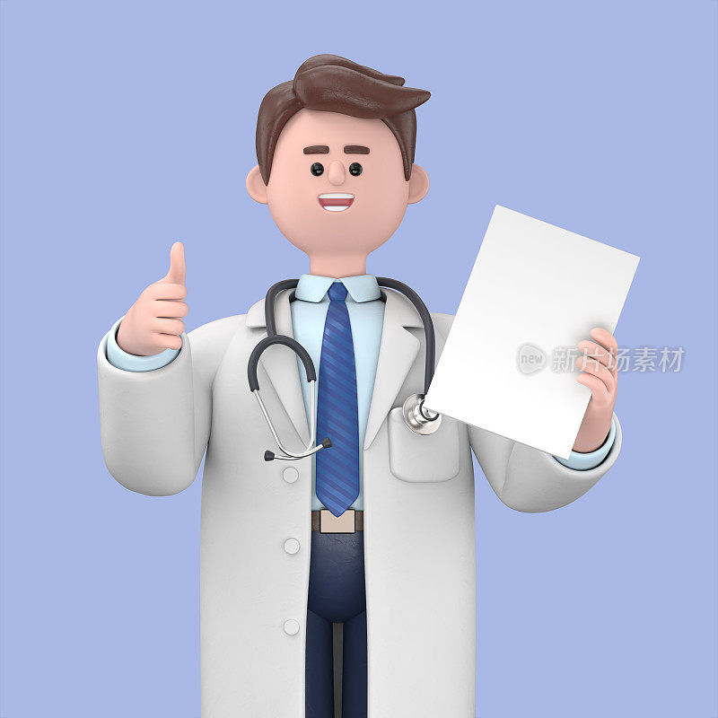 男医生林肯的三维插图拿着标书，大拇指向上，医学演示剪贴画在蓝色背景上隔离