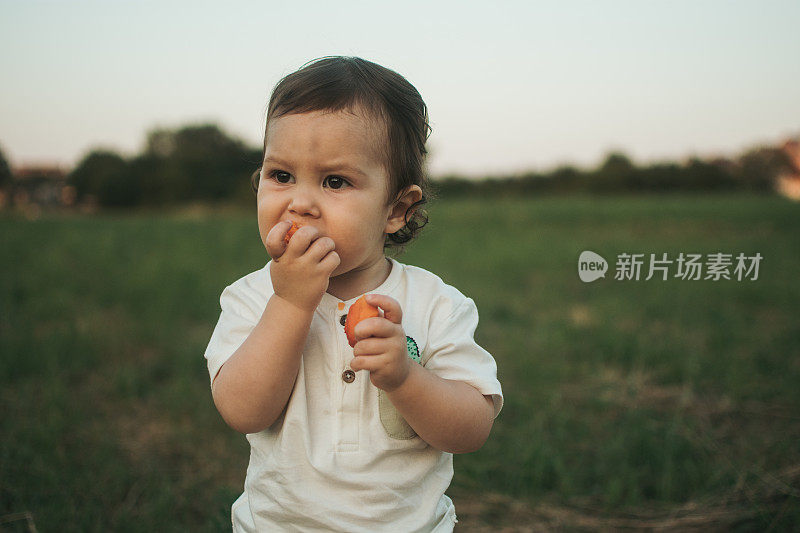 这个男孩正在吃一个杏子