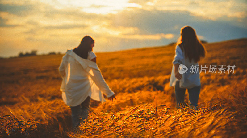 年轻的女性朋友在夕阳下一起在野外度假