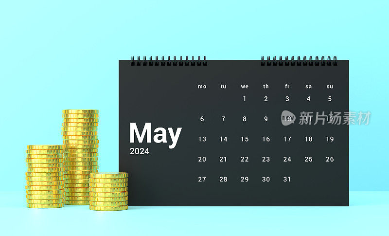 金币和2024年五月日历在蓝色背景