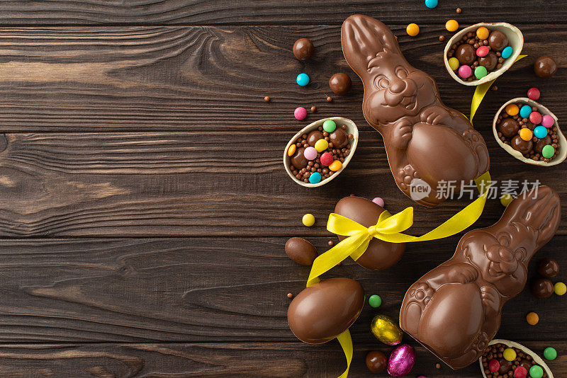 喜庆的复活节糖果陈列。俯视图，巧克力蛋被打破，里面有彩色的糖果，巧克力兔子，木制背景上的丝带，有文字或广告的空间