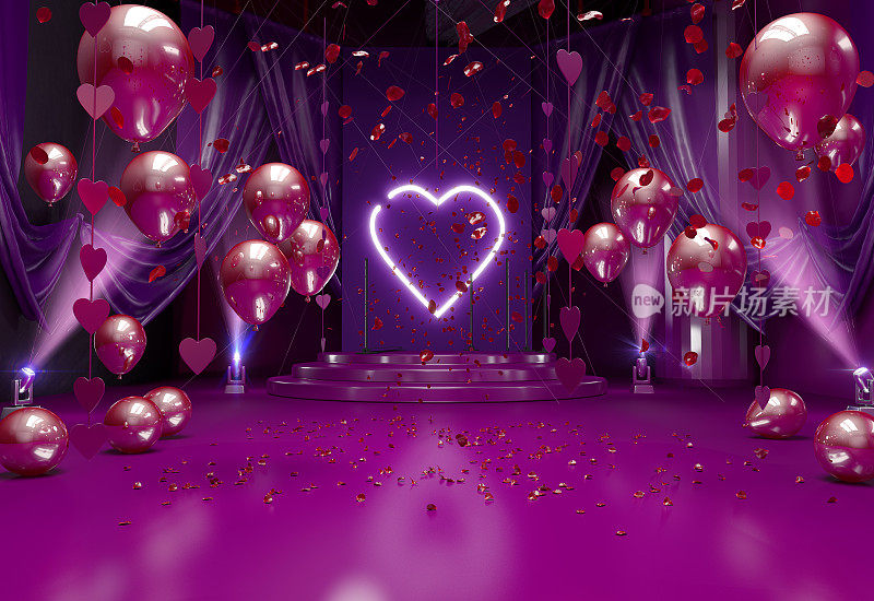 情人节以浪漫为背景，房间内部装饰有喜庆的红气球、情人心、红玫瑰花瓣和彩灯。情人节贺卡的概念。3D渲染与复制空间
