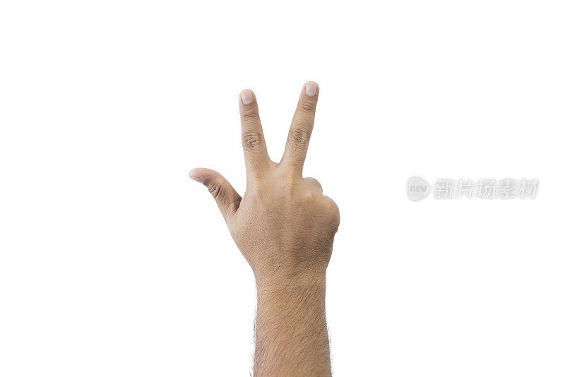 特写男人的手背。张开的手，显示三个手指的意思是八，在问候中延伸复制空间孤立在白色背景。文本空间。