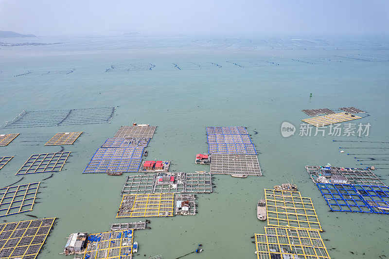 阳光明媚的日子里，海鱼养殖工厂的鸟瞰图