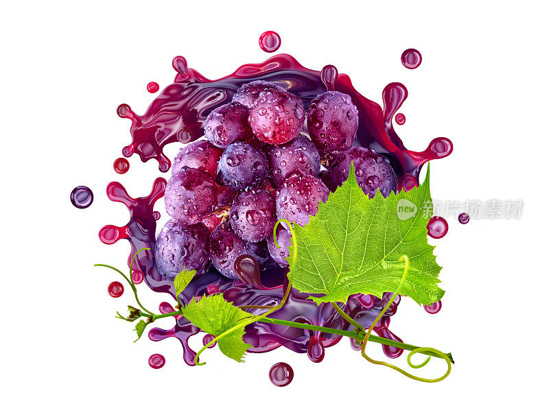 新鲜的健康葡萄汁或葡萄酒3D飞溅漩涡与成熟的葡萄串。T