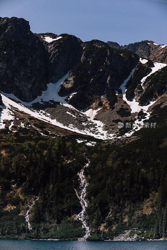 扎科帕内瀑布，塔特拉山脉。莫斯基奥科湖的瀑布。风景优美，旅游观光摄影的波兰自然风光。