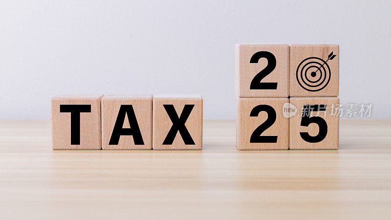 2025年税收概念，纳税，2025年，纳税税率，收税，税负图标在木块上